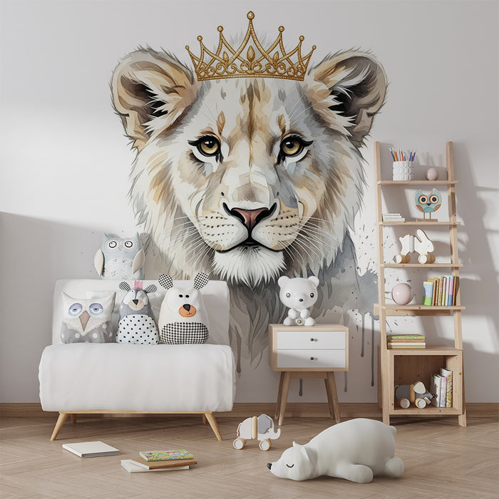 Papel de parede infantil | Leão majestoso coroado com respingos artísticos