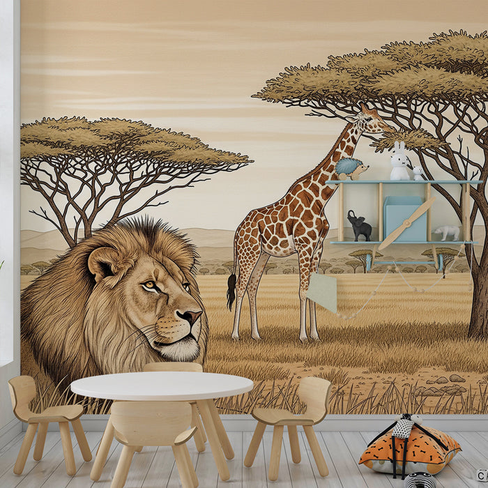 Børneværelse tapet | Majestætisk løve og giraf i den gyldne savanne