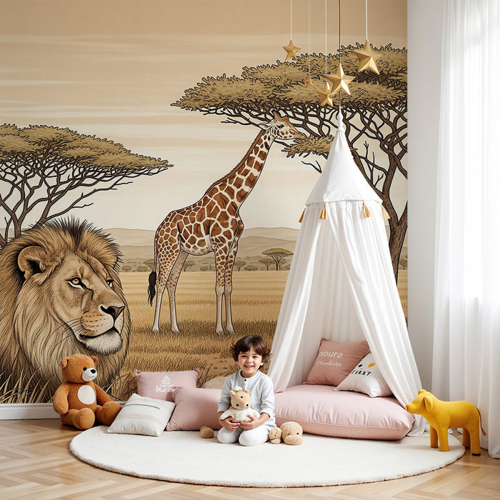 Børneværelse tapet | Majestætisk løve og giraf i den gyldne savanne