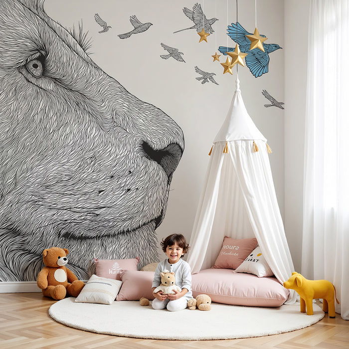 Tapet pentru camera copilului | Leu măreț și păsări colorate în zbor