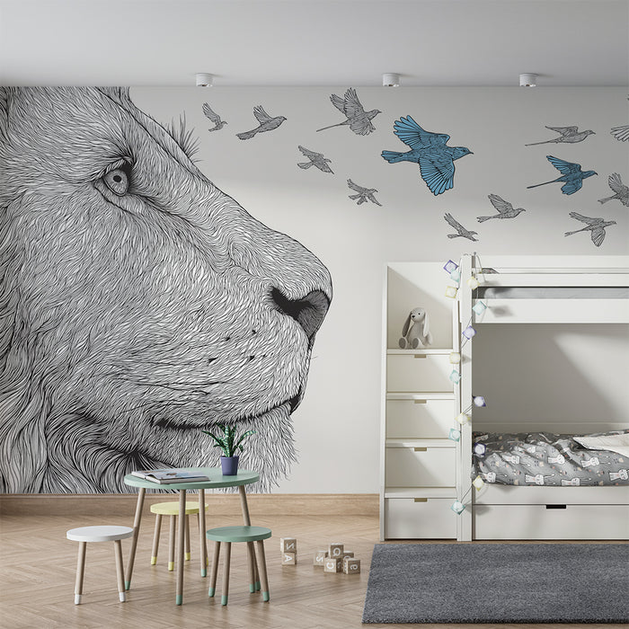 Tapet pentru camera copilului | Leu măreț și păsări colorate în zbor