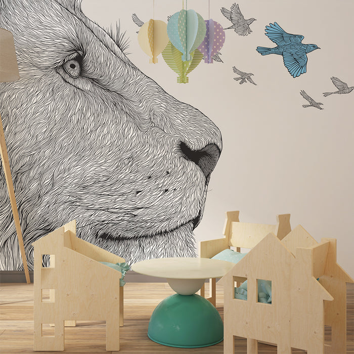 Tapet pentru camera copilului | Leu măreț și păsări colorate în zbor