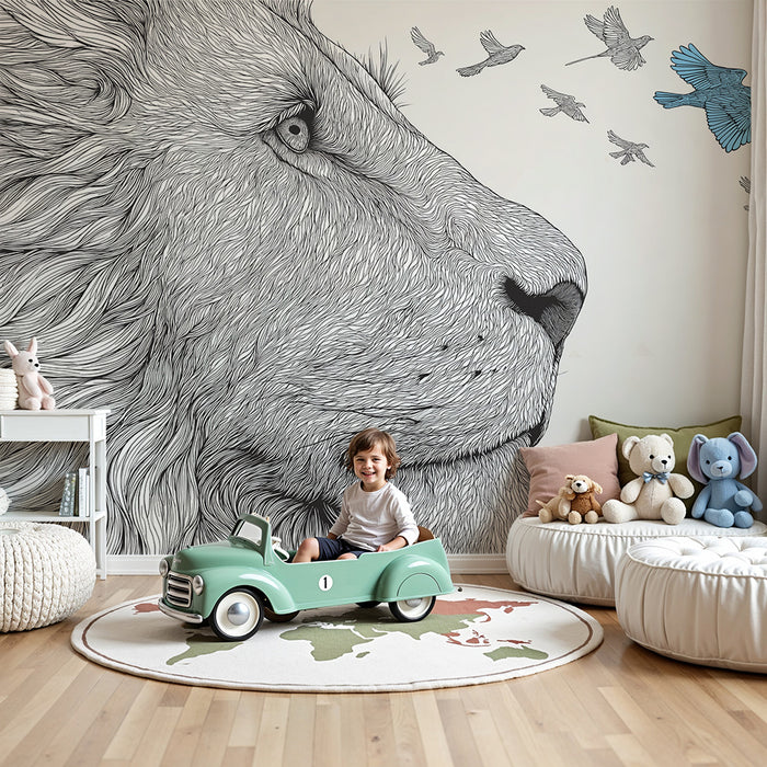 Kinderzimmer Tapete | Majestätischer Löwe und fliegende Vögel