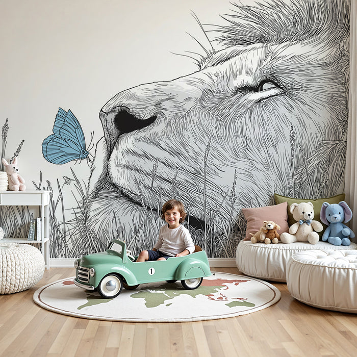 Carta da parati bambini | Leone maestoso e farfalla blu nella natura