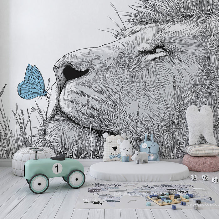Carta da parati bambini | Leone maestoso e farfalla blu nella natura