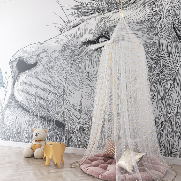 Carta da parati bambini | Leone maestoso e farfalla blu nella natura