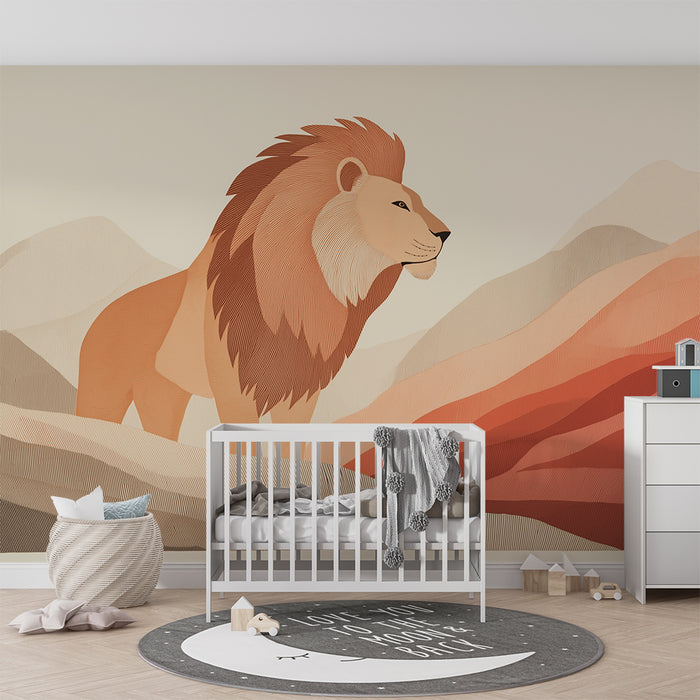 Kinderzimmer Tapete | Majestätischer Löwe vor bunter Bergkulisse