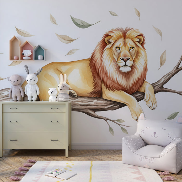Papier peint chambre enfant | Lion majestueux sur une branche