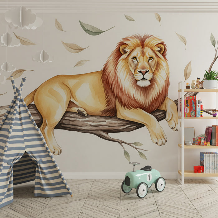 Papier peint chambre enfant | Lion majestueux sur une branche