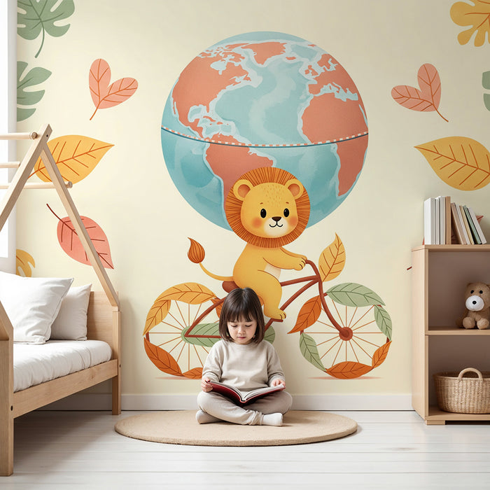 Tapety dla dzieci | Uroczy lew na rowerze z globusem i kolorowymi liśćmi