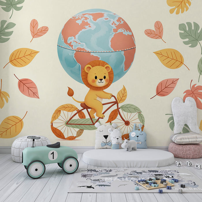 Tapety dla dzieci | Uroczy lew na rowerze z globusem i kolorowymi liśćmi