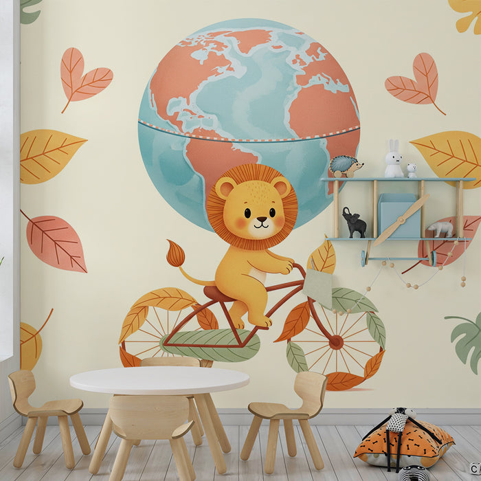 Tapety dla dzieci | Uroczy lew na rowerze z globusem i kolorowymi liśćmi