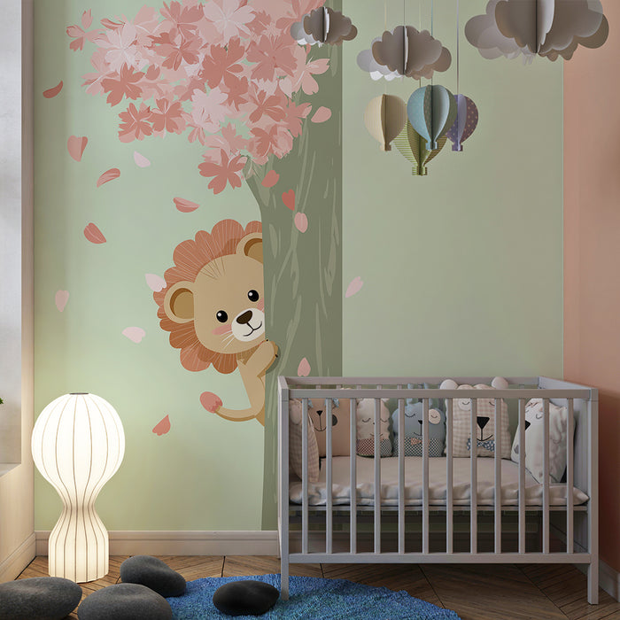 Papier peint chambre enfant | Lion mignon caché derrière un arbre fleuri