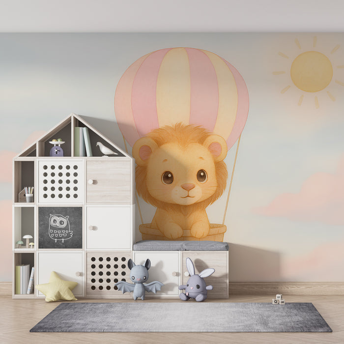 Kinderzimmer Tapete | Niedlicher Löwe in einem Heißluftballon