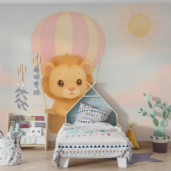 Kinderzimmer Tapete | Niedlicher Löwe in einem Heißluftballon