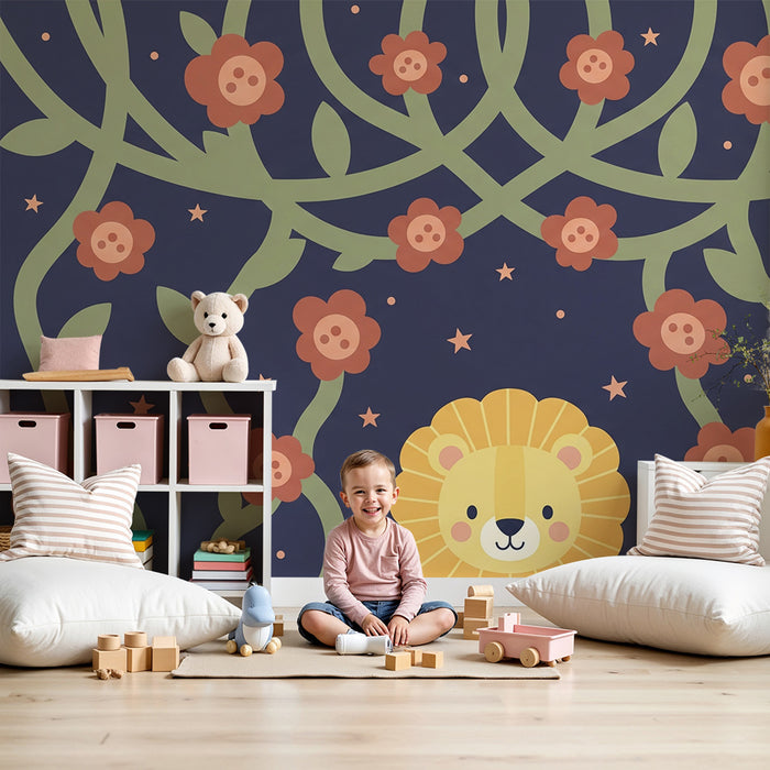 Detská izba tapeta | Rozkošný lev a farebné kvety