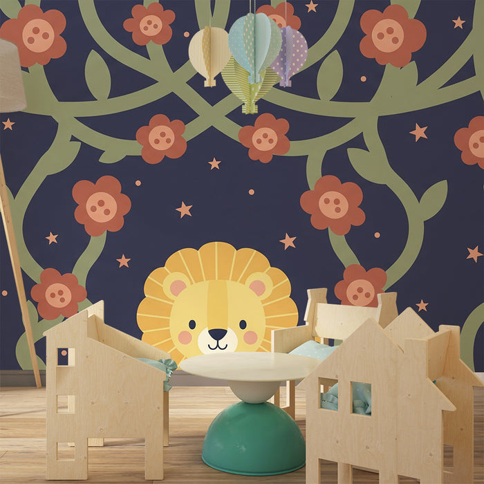 Detská izba tapeta | Rozkošný lev a farebné kvety