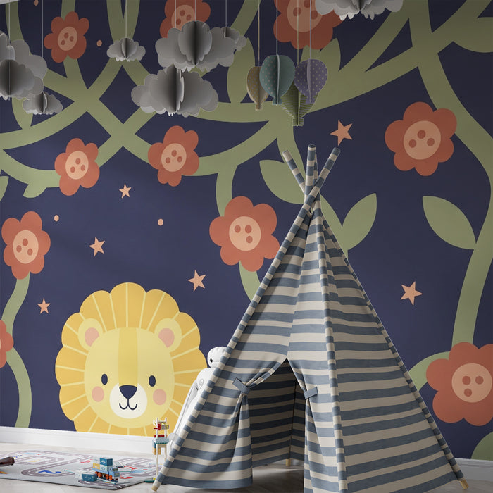 Detská izba tapeta | Rozkošný lev a farebné kvety