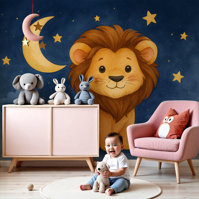 Papier peint chambre enfant | Lion mignon sous les étoiles