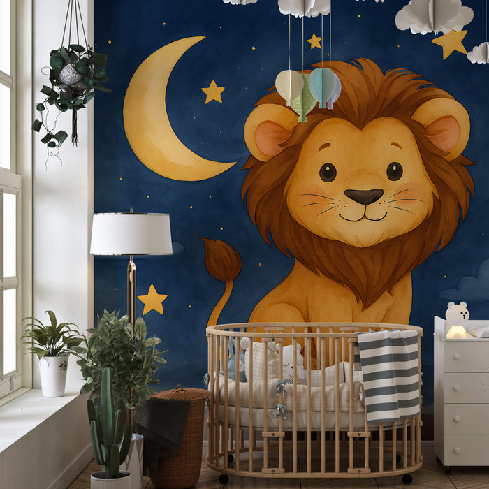 Papier peint chambre enfant | Lion mignon sous les étoiles