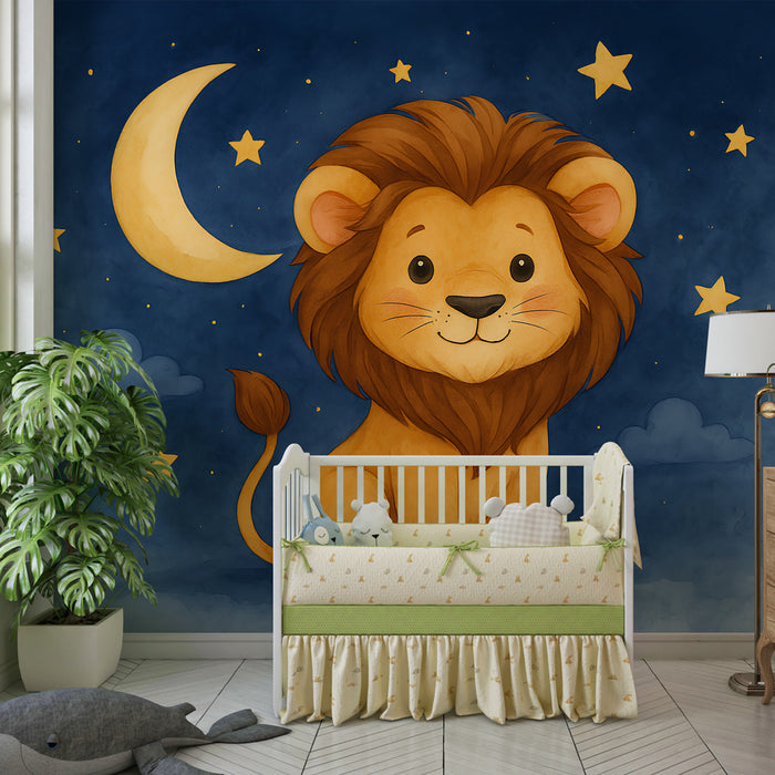 Papier peint chambre enfant | Lion mignon sous les étoiles