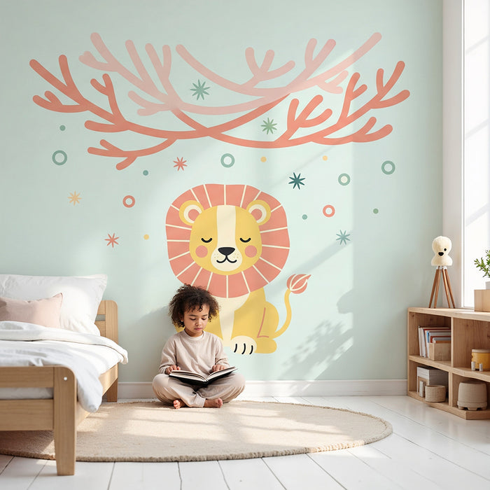 Papier peint chambre enfant | Lion mignon sous un ciel étoilé