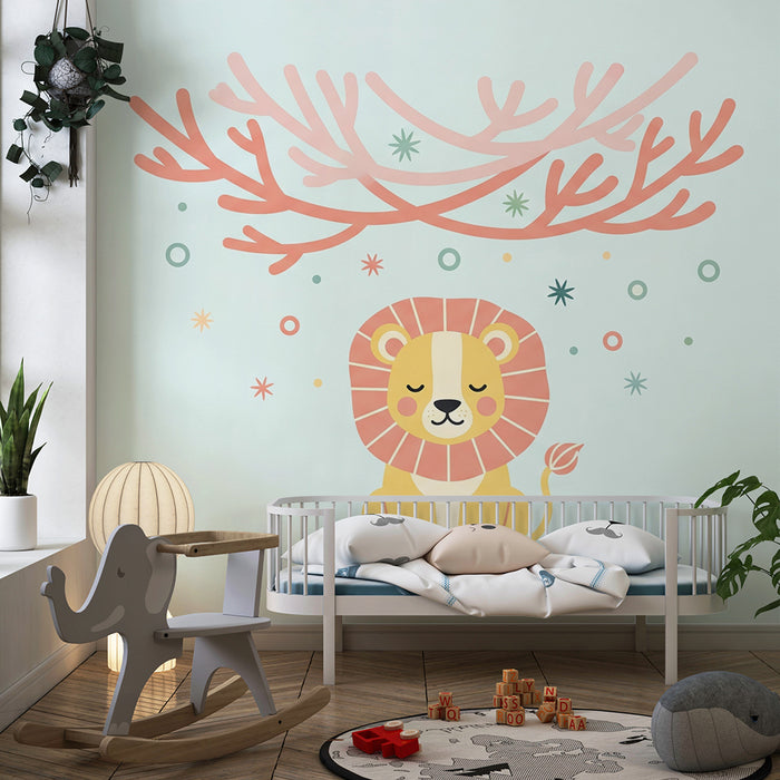 Papier peint chambre enfant | Lion mignon sous un ciel étoilé
