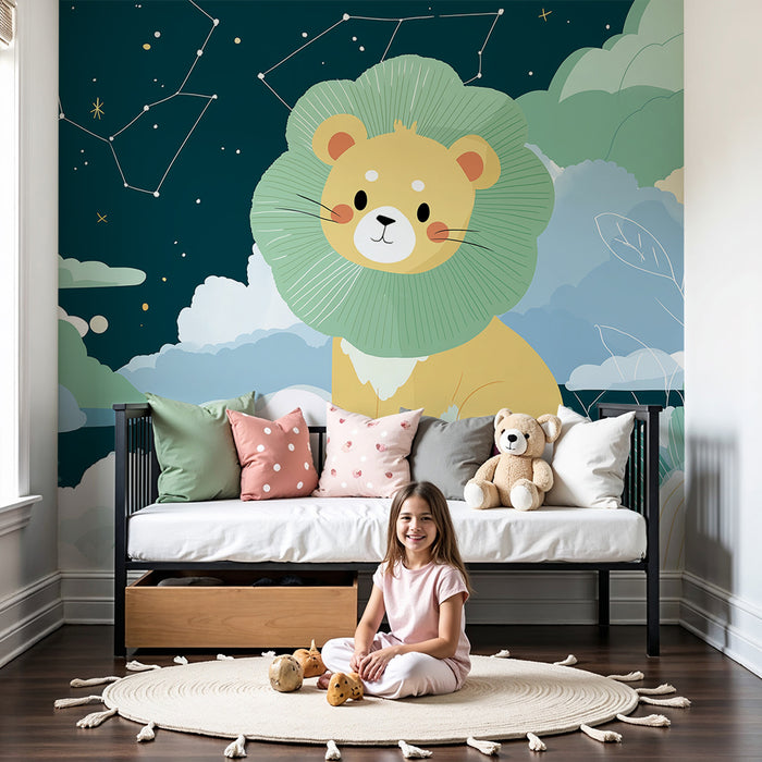 Kinderzimmer Tapete | Niedlicher Löwe unter einem sternenklaren Himmel mit weichen Wolken