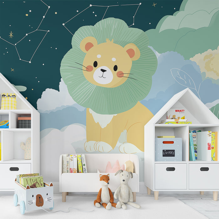 Kinderzimmer Tapete | Niedlicher Löwe unter einem sternenklaren Himmel mit weichen Wolken