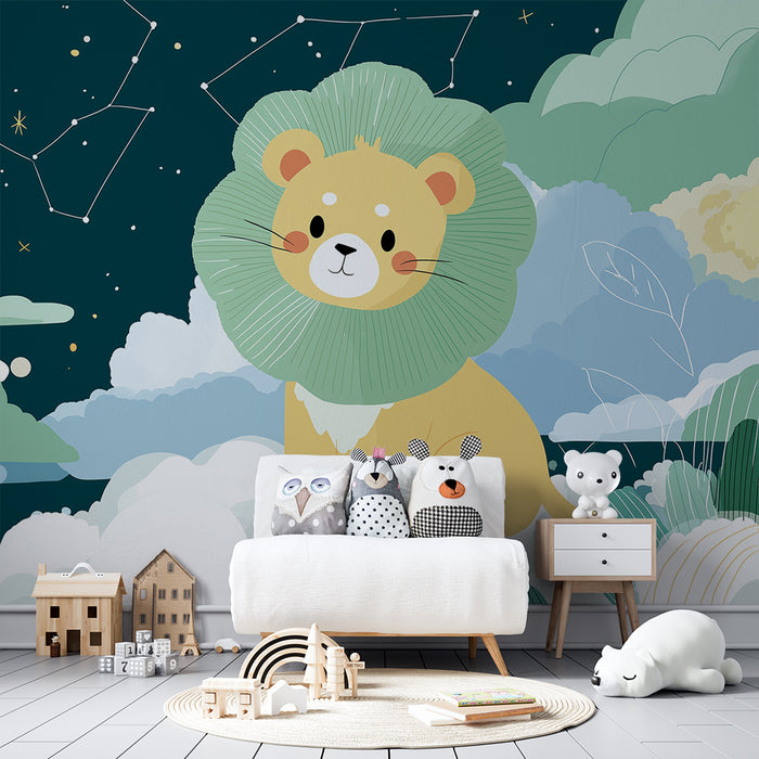 Kinderzimmer Tapete | Niedlicher Löwe unter einem sternenklaren Himmel mit weichen Wolken