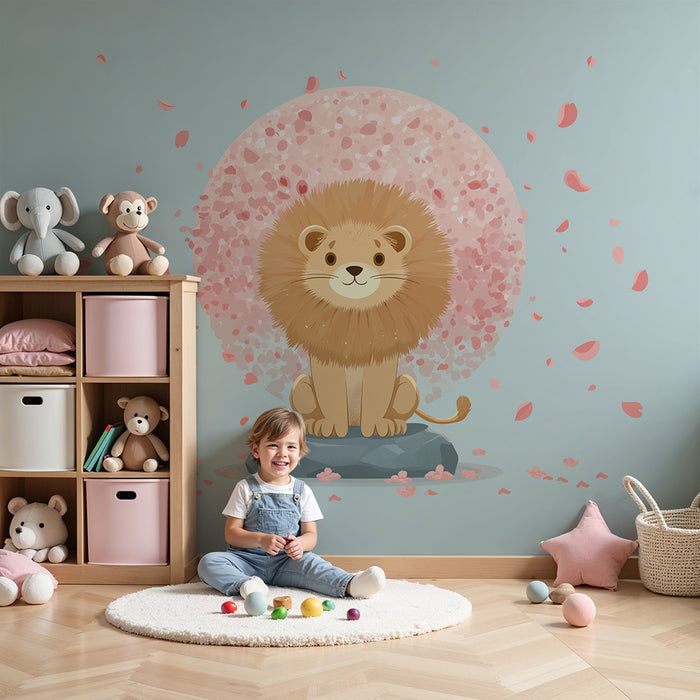 Barntapet | Söt lejon under en regn av rosa blomblad