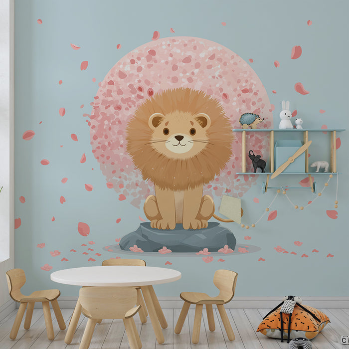 Barntapet | Söt lejon under en regn av rosa blomblad