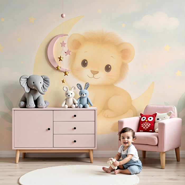 Papier peint chambre enfant | Lion mignon sur une lune