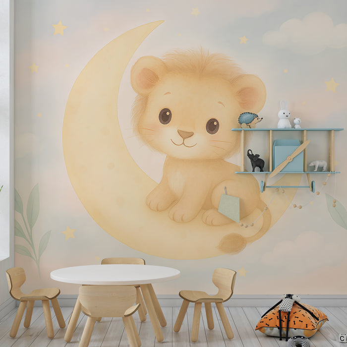 Papier peint chambre enfant | Lion mignon sur une lune