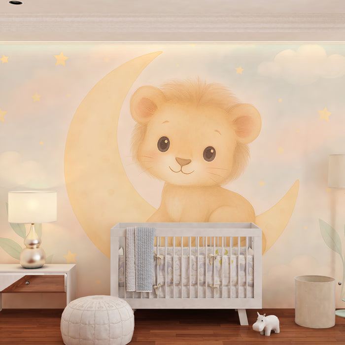 Papier peint chambre enfant | Lion mignon sur une lune