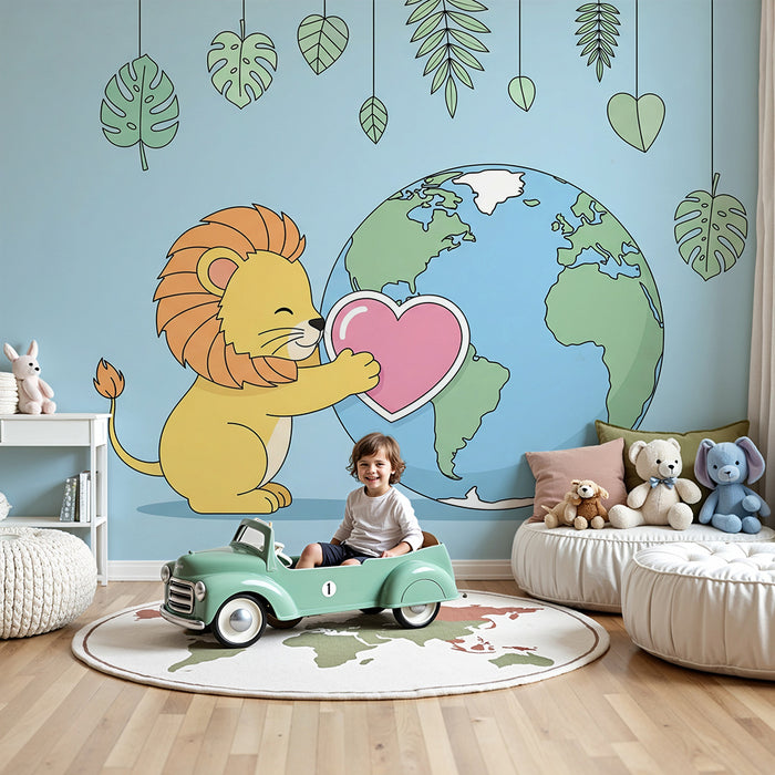 Kinderzimmer Tapete | Niedlicher Löwe hält ein Herz und die Erde