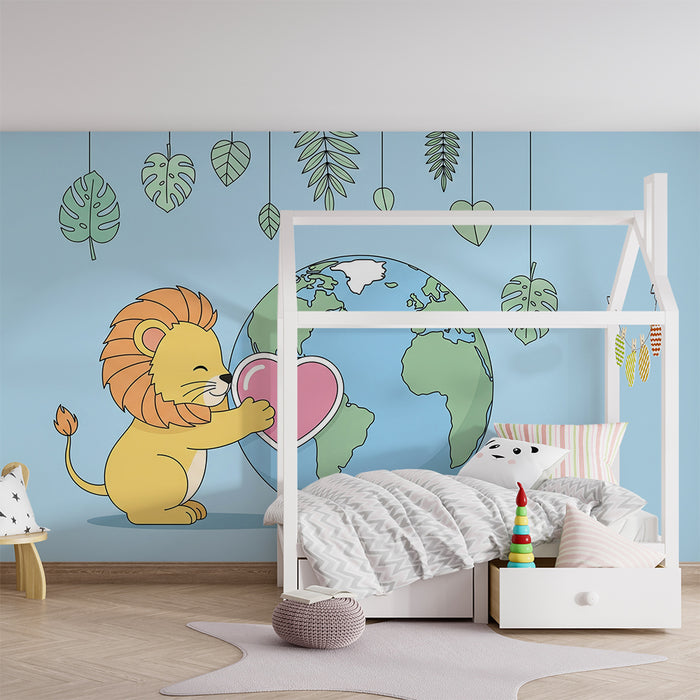 Kinderzimmer Tapete | Niedlicher Löwe hält ein Herz und die Erde