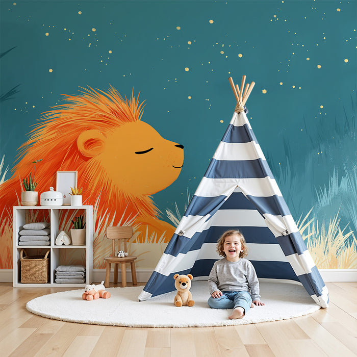 Kids room wallpaper | Peaceful lion under a starry sky
