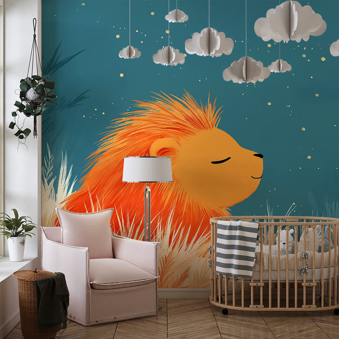 Kids room wallpaper | Peaceful lion under a starry sky
