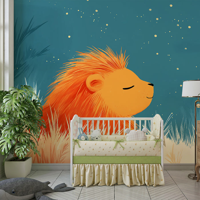 Kids room wallpaper | Peaceful lion under a starry sky