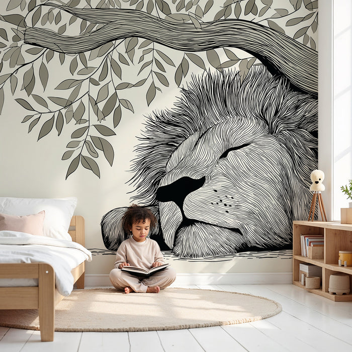Papel pintado infantil | León tranquilo bajo una delicada fronda