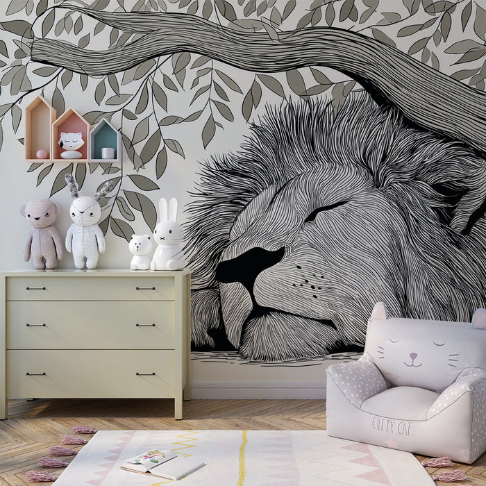 Papel pintado infantil | León tranquilo bajo una delicada fronda