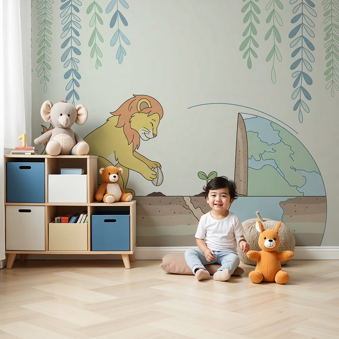 Kinderzimmer Tapete | Löwe pflanzt einen Baum in einer bunten Welt