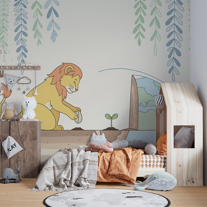 Kinderzimmer Tapete | Löwe pflanzt einen Baum in einer bunten Welt