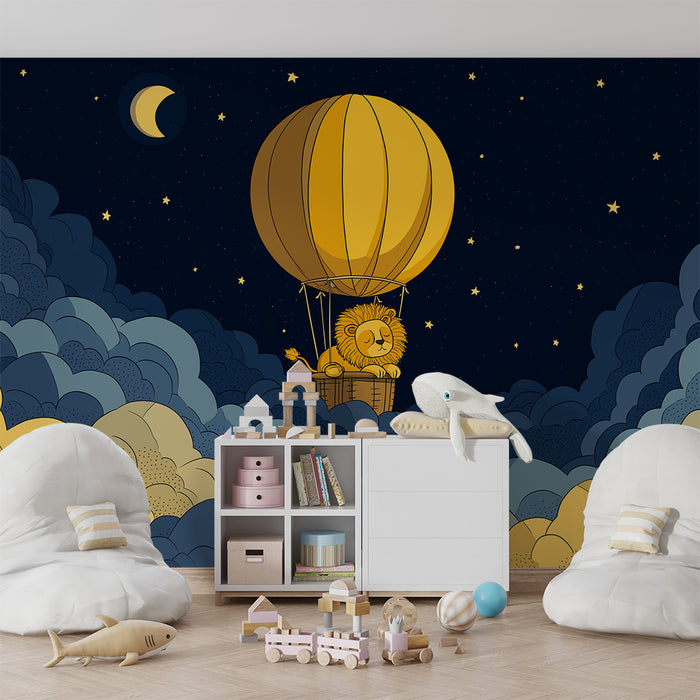 Papier peint chambre enfant | Lion rêveur dans un ballon au milieu des nuages étoilés