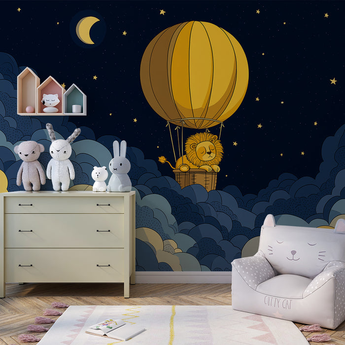 Papier peint chambre enfant | Lion rêveur dans un ballon au milieu des nuages étoilés
