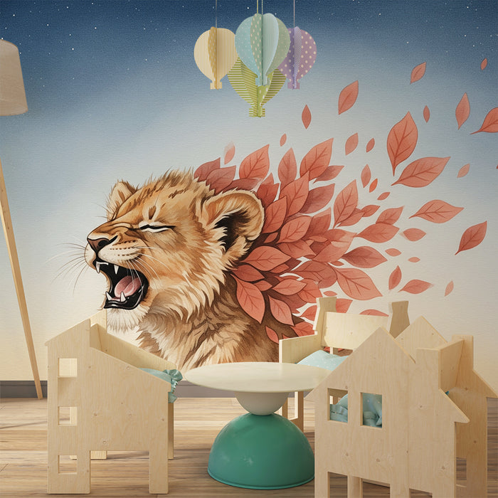 Tapet barnerom | Brølende løve omgitt av blader