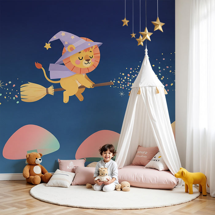 Papel pintado infantil | León mago volando sobre setas mágicas