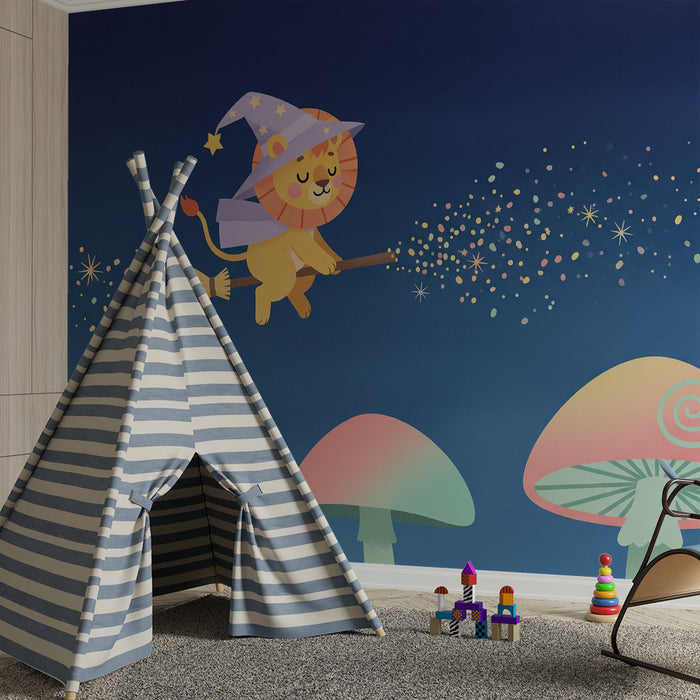Papel pintado infantil | León mago volando sobre setas mágicas