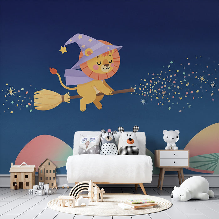 Papel pintado infantil | León mago volando sobre setas mágicas